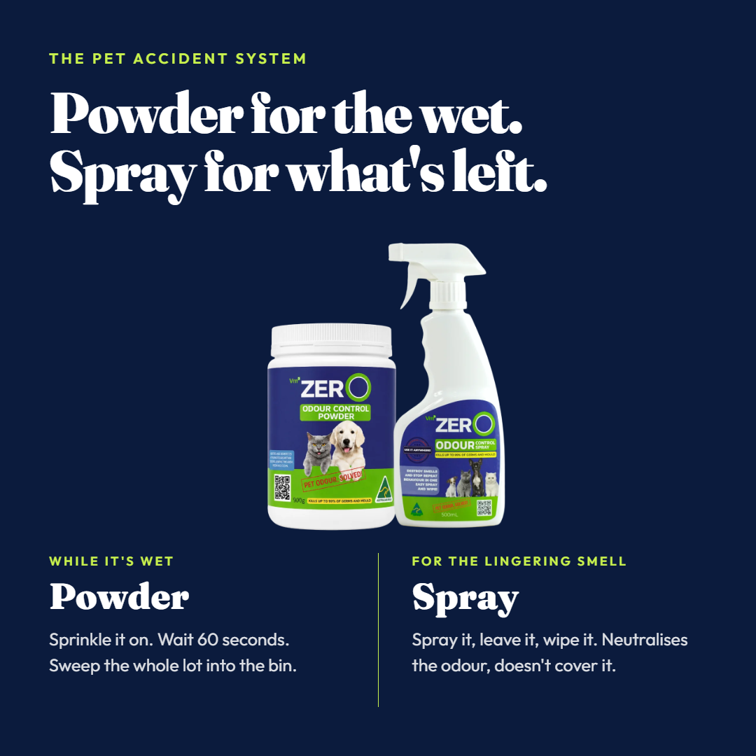 Vm3Zero Pet Odour Control Powder and Odour Control Spray shown together