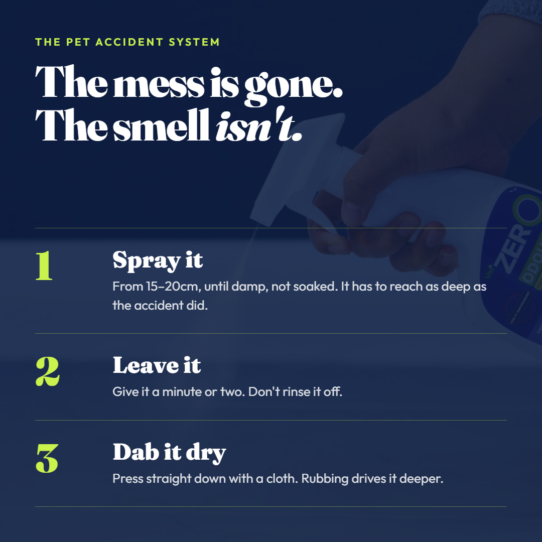 How to use the Spray: once the area is dry, spray the surface and leave it to work, then dab dry