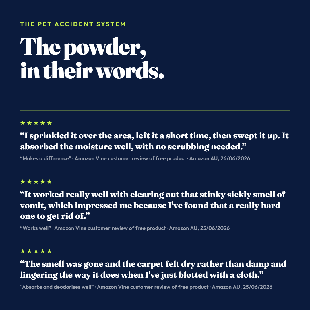 Customer reviews of the Vm3Zero Pet Odour Control Powder, quoted from Amazon Australia