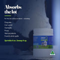 Absorbs the lot. For the wet, messy accidents — dog pee, cat vomit, hairballs, poop, wet accidents, food and drink spills. Sprinkle it on, sweep it up.